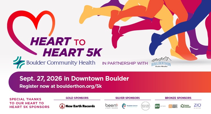Heart to Heart 5K web banner with September 27, 2026 Downtown Boulder registration details.