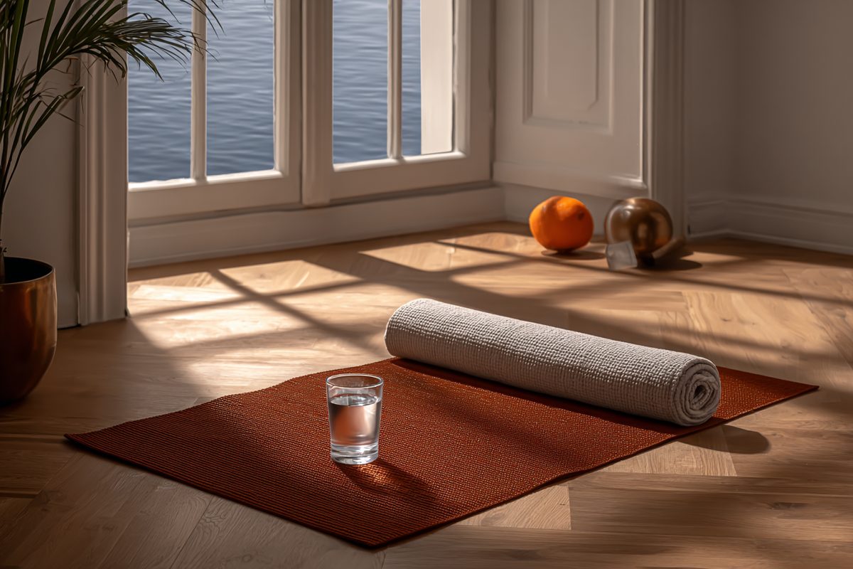 Water and a rolled exercise mat