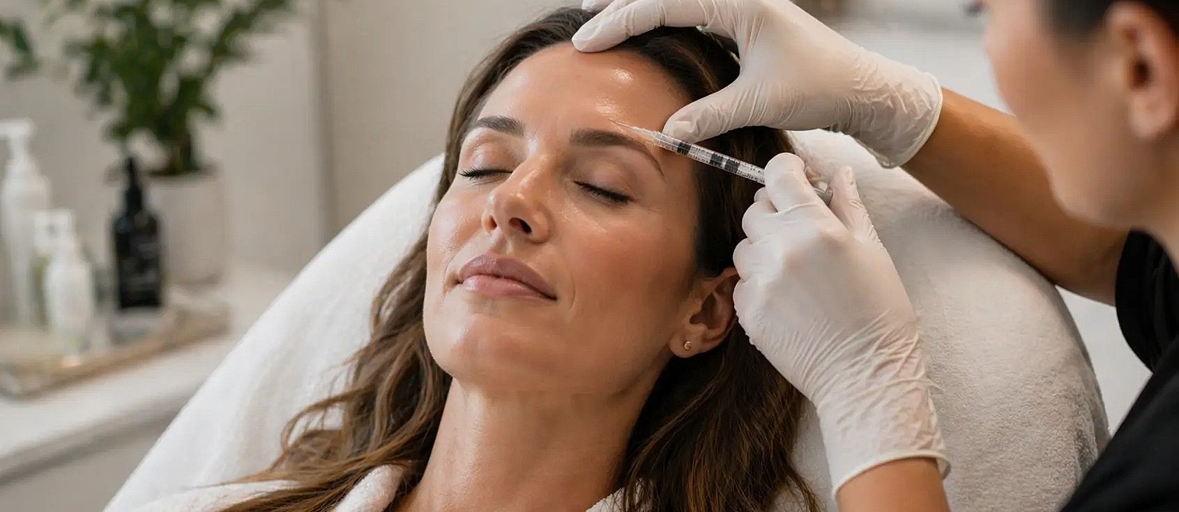 Woman receiving cosmetic injection treatment in clinic.