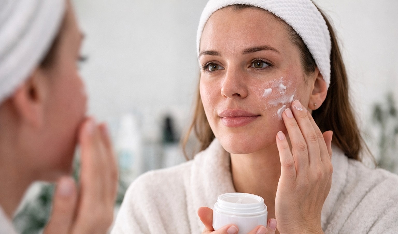 Woman applying cream to her face in mirror.