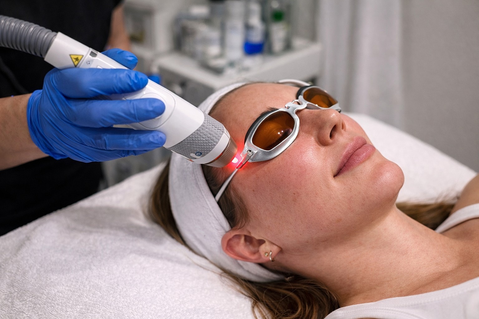 Laser treatment session for skin care.