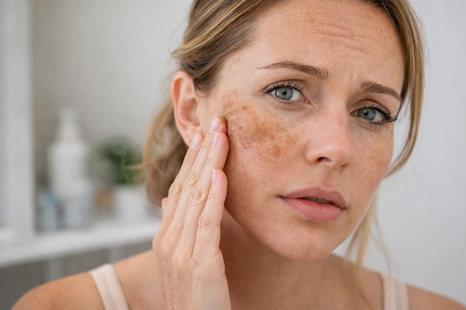Woman examining skin with hyperpigmentation.