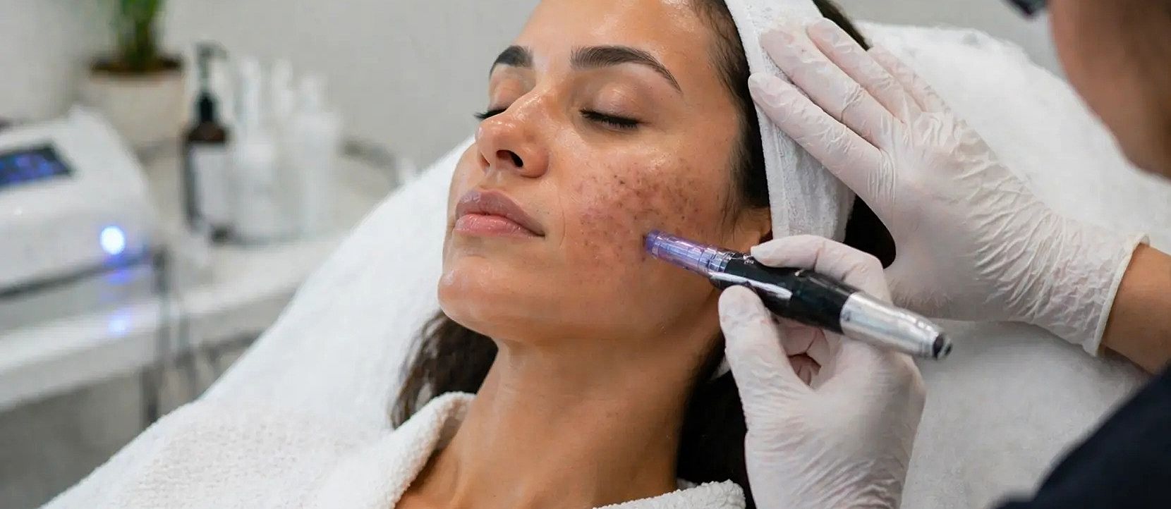 Microneedling treatment for facial rejuvenation session.