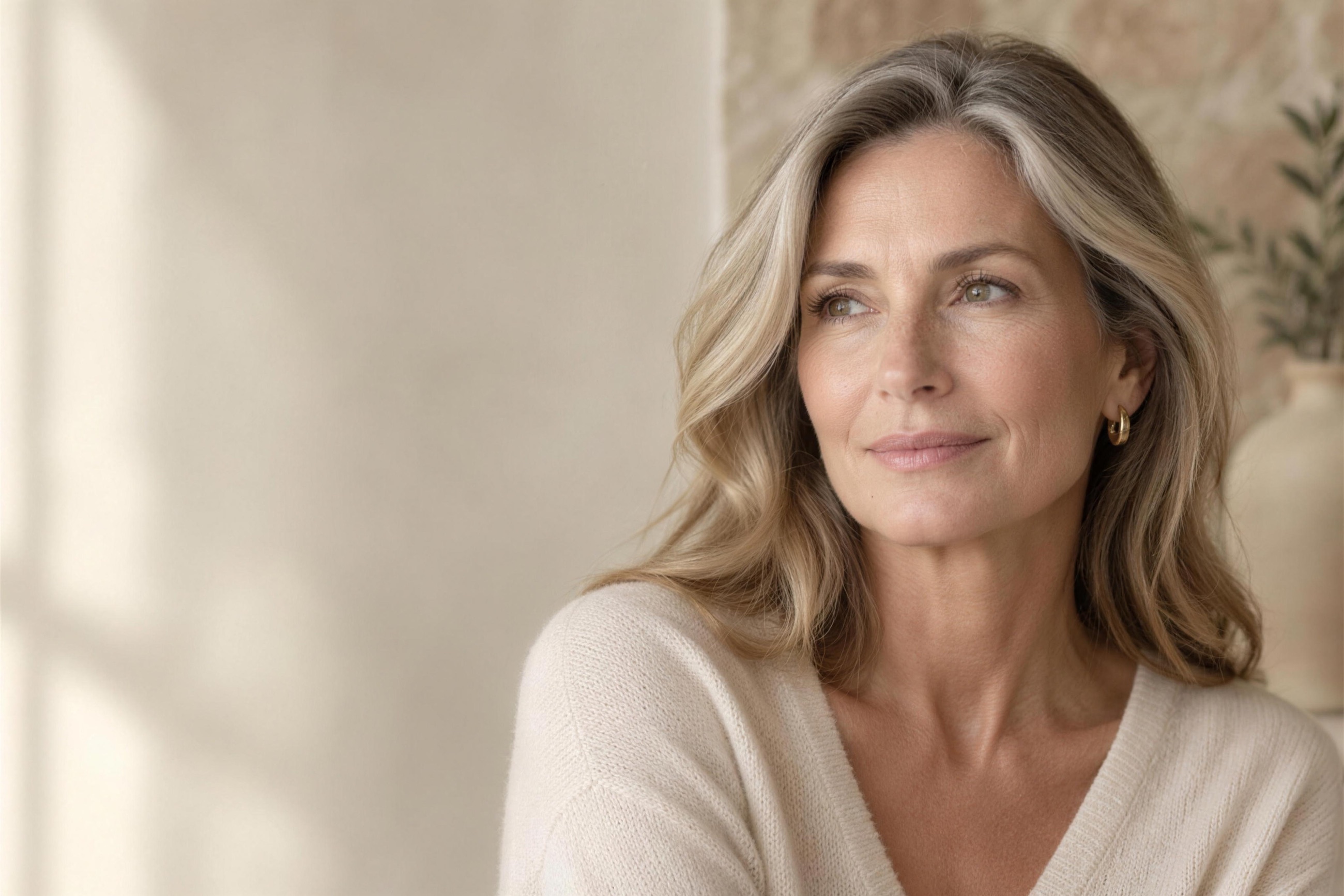 Woman in her fifties looking toward a window in warm natural light