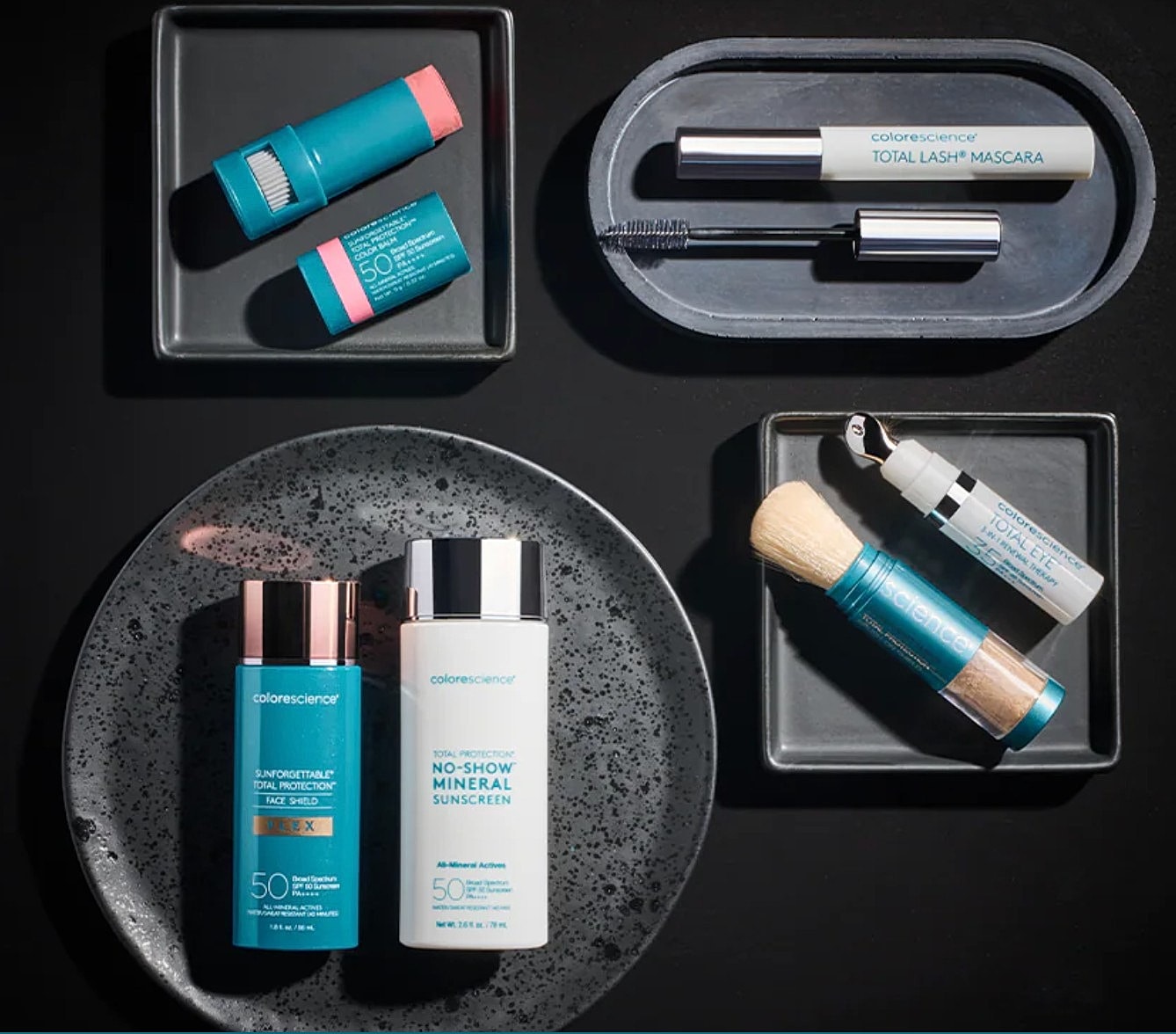 Assorted Colorescience skincare and makeup products.